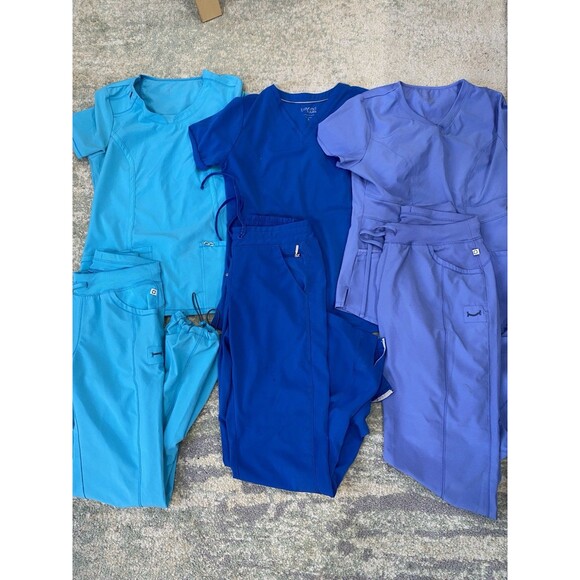 LOT (3) Scrubs Set Top Pants Beyond Scrubs Small/Med BLUE Pants (M) Shirts (S) - Picture 1 of 16